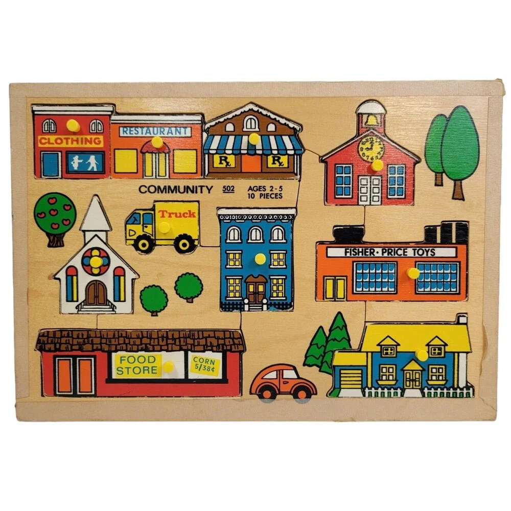 Vintage 1973 Fisher Price Quaker Oats Wooden Community 10 Piece Jigsaw Puzzle